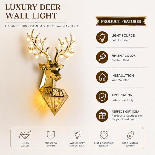 Image of Modern Metallic Golden Deer Wall Sconce with Diamond Cage Light, Metal Wall Art, Antler Design, Decorative Wall Lamp for Living Room, Bedroom, Home, Hotel, Cafe with Filament Bulb (Deer)