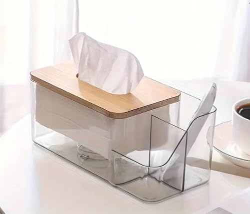 Image of 2-in-1 Tissue Box Holder with Side Storage | Transparent Plastic Tissue Organizer with Bamboo Lid | Multipurpose Desk & Bedside Storage for Remote, Mobile, Mask (Clear - 23.9 x 11.7 x 9.8 cm)