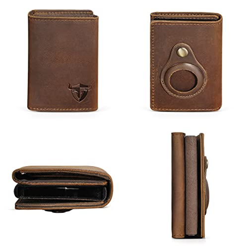 Natural Crazy Horse Leather Travel Gift Front Pocket With Airtag Card Case Snap Organizer Rfid Wallet For Men Male 1691 (Brown)2