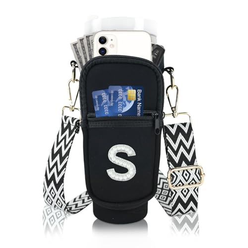Initial A-Z Water Bottle Carrier Bag with Strap for Stanley 40oz Tumbler, Personalized Water Bottle Holder Pouch with Pearl Letter Phone Pocket for Stanley Cup Accessory Custom Gift for Women Black S