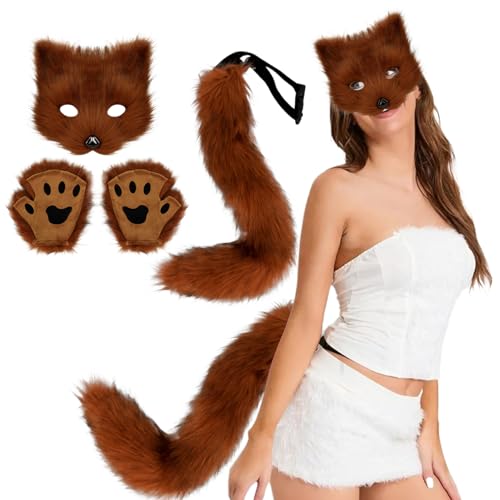Costume de renard Halloween Therian avec masque peluche queue et pattes russes pour femme