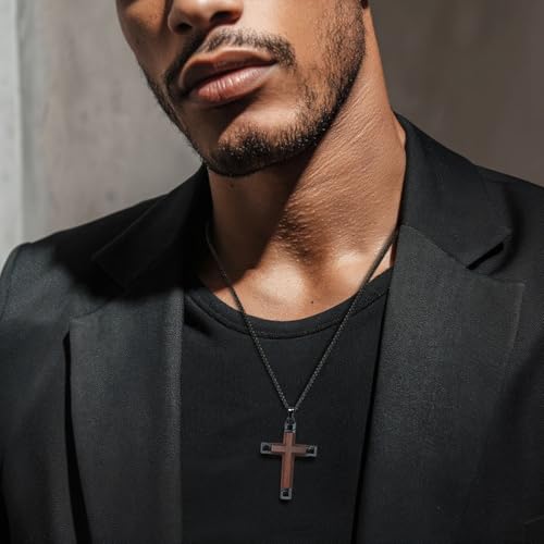 Wooden Cross Necklace for Men, Brown Ebony Masculine Mens Cross Necklaces Christian Black Stainless Steel Wood Crucifix Pendant, Includes 24" Box Chain3