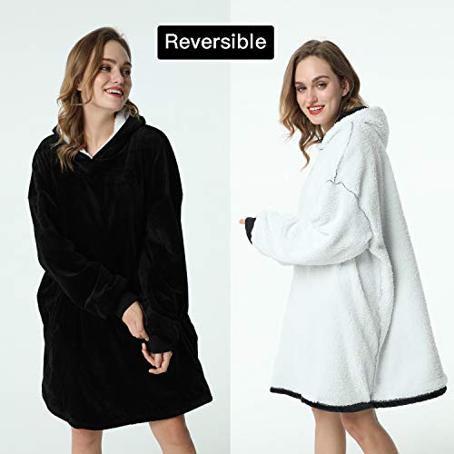 LetsFunny Oversized Hooded Blanket Sweatshirt, Super Soft Warm Comfortable Sherpa Wearable Blanket with Giant Pocket, for Adults Men Women Teenagers Kids, One Size Fits All (Black, Adult)