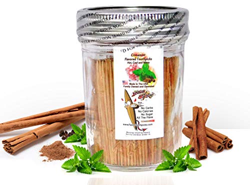 600 Cinnamint Flavor Natural Wooden Toothpicks in Glass Jar with Lid - Use to Quit Smoking and Freshen Breath After Food and Drink