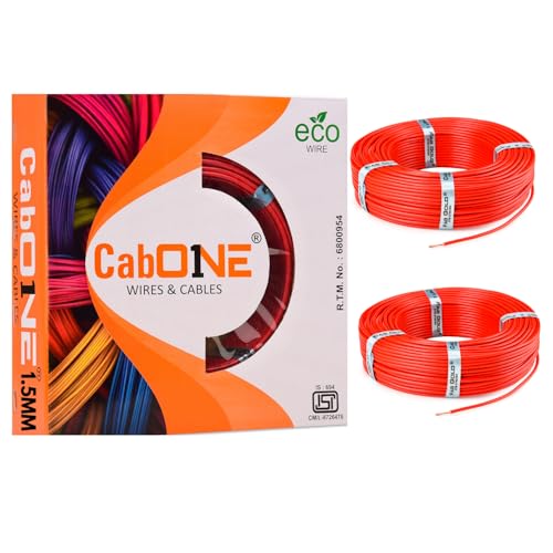 Image of CabONE 1.5 SQ.MM FR PVC Insulated Copper Electrical Wire, 90 Meter (Red, Pack of 2) | ISI Marked Fire Retardant Single Core Cable for Home Wiring