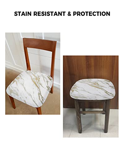 Savannan Dining Room Chair Seat Covers, Marble Texture White Gold Abstract Art Removable Stretch Chair Seat Cushion Slipcovers Protector For Holiday Party Festival Decoration, Set Of 2 #TOP5