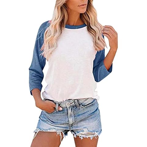 Womans Tee Shirt Women Long Sleeve Round Neck Top Solid Color Color Matching Blouse Fashion Ladies Raglan Sleeves Casual Loose T Shirts for Women Fall White Cover