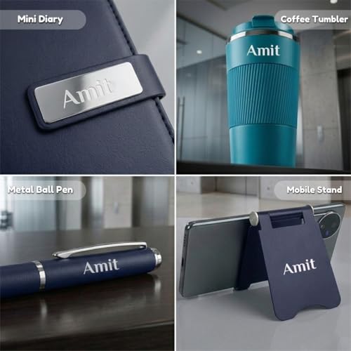 Image of Giftana 4 in 1 Personalized Diary with Pen, Mobile Stand and Coffee Tumbler 510ml Gift Set for Men & Women, Customized Gifts for Doctors, Personalised New Year Corporate Gift Set for Employee (Blue)