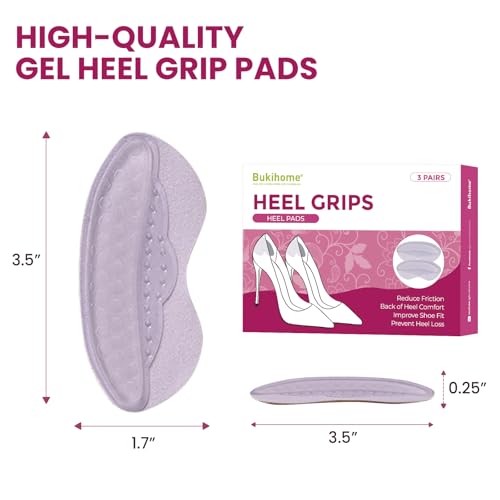 Image of Heel Pads Grips for Women Shoes - Bukihome Self-Adhesive Heel Cushion Inserts Prevent Slipping, Rubbing, Blisters, Foot Pain, Improve Shoe Fit - Gel Heel Pads for Shoes Too Big (Purple,6 Pairs)