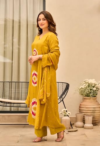 Image of Nermosa Women Viscose Kurta Pant Dupatta Set | Summer Friendly Ethnic Suit Set for Women | V-Neck Printed Kurti with Matching Pants & Dupatta | Casual & Office Wear