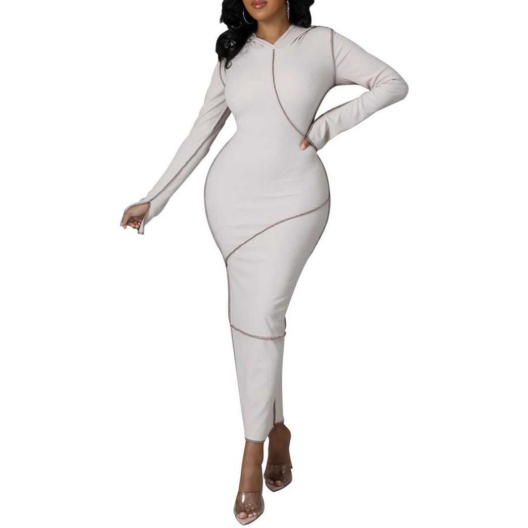 Abito da Donna con Pannelli con Cappuccio Abito Sexy A Maniche Lunghe Aderente Tinta Unita A Vita Alta Abito Lungo in Felpa Clubwear da Festa