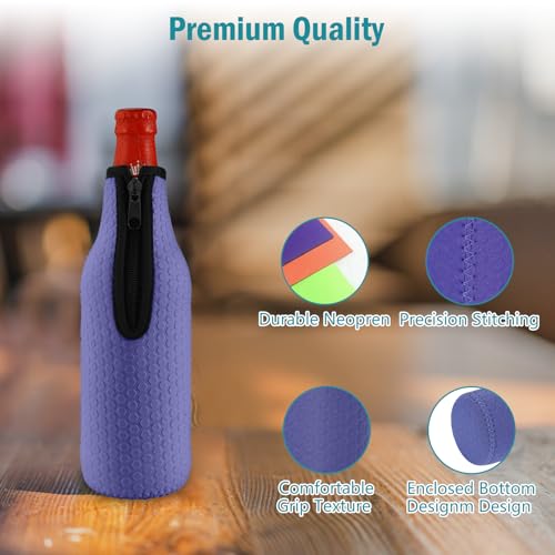 KENOBEE Beer Bottle Insulator Sleeves, 4 Pack 16oz to 18oz Glass Beer Bottles Neoprene Cooler Covers Non-slip Thick Jacket Coolier Drink Holder with Zipper, Black/Yellow/Orange/Purple - Thumbnail 4