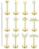 Fansilver Pendientes de tuerca chapados en oro de 14 quilates, acero quirúrgico 316L, parte trasera plana, sin rosca, tragus, hélice, cartílago, caracola, nariz, joyería hipoalergénica para mujer, 20G