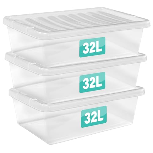 3 x 32 Litre Underbed Clear Plastic Storage Boxes With Lids Set of 3 Transparent Multipurpose Nestable Stackable Plastic Box With Lid Containers For Home Kitchen Garage Office Accessories