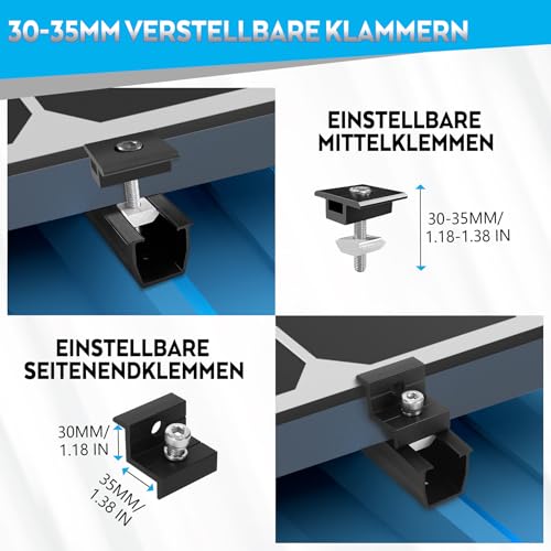 BOSYTRO PV Halterung Montageset, Solarmodul Halterung für 2X Module, 12CM Schwarze Schiene+Solarpanel Wasserablauf Clips 30MM+Verstellbare Klemme für 30-35MM Dicke Module für Flachdach Trapezblech