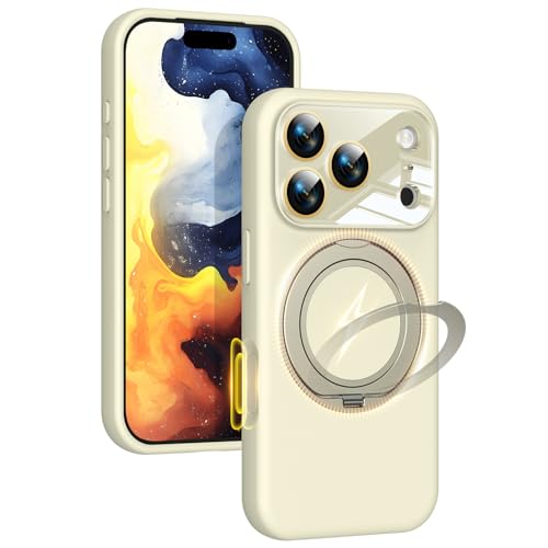 Image of Silicone 360 Spin Magnetic Stand Case for iPhone 17 Pro Max, [Compatible with Mag-Safe][Reinforced Hard Camera Protection] Liquid Silicone Rubber Phone Cover with Ring, Camera Button, Ivory