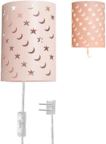 Plug In Wall Sconce Stars and Moons Kids Wall Lamp, Nursery Baby Room Wall Light with 6FT Plug in Cord On/Off Switch, Ideal for Kids Rooms, Bedroom and Play Rooms, E26 Base, Pink(Exclude Bulb)