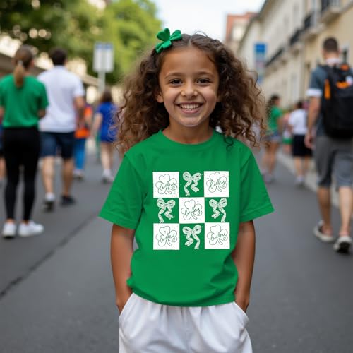 Image of GLIGLITTR Kids St Patricks Day Shirt Girls Bow Shamrock Clover Lucky Graphic T-Shirt Irish Short Sleeve Tee Tops 7-12 Years