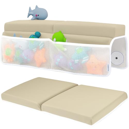 Image of Toodly Baby Bath Kneeler and Elbow Rest Pad Set - Baby Bath Support for Knees and Elbows - Bath Kneeler Pad with Memory Foam and Bath Toys Organizer - Ideal Bath Kneeling Pad for Bathing Baby - Beige