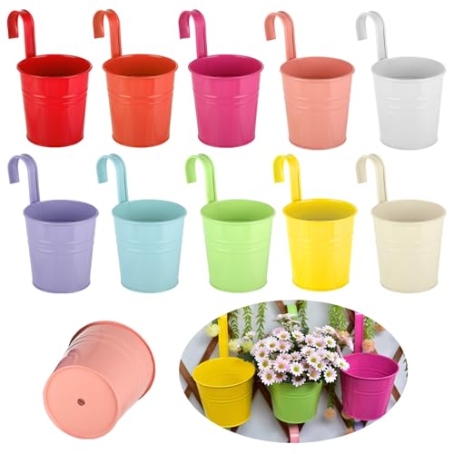 Windfromort Blumenübertopf 10 cm bunt Metall Pflanzentöpfe - Hängeblumentöpfe 10 Stück - Blumenampel - Bunte Hängepflanztöpfe mit Abnehmbarem Haken & Ablaufloch für Balkon, Garten, Zaun (10 Farben)