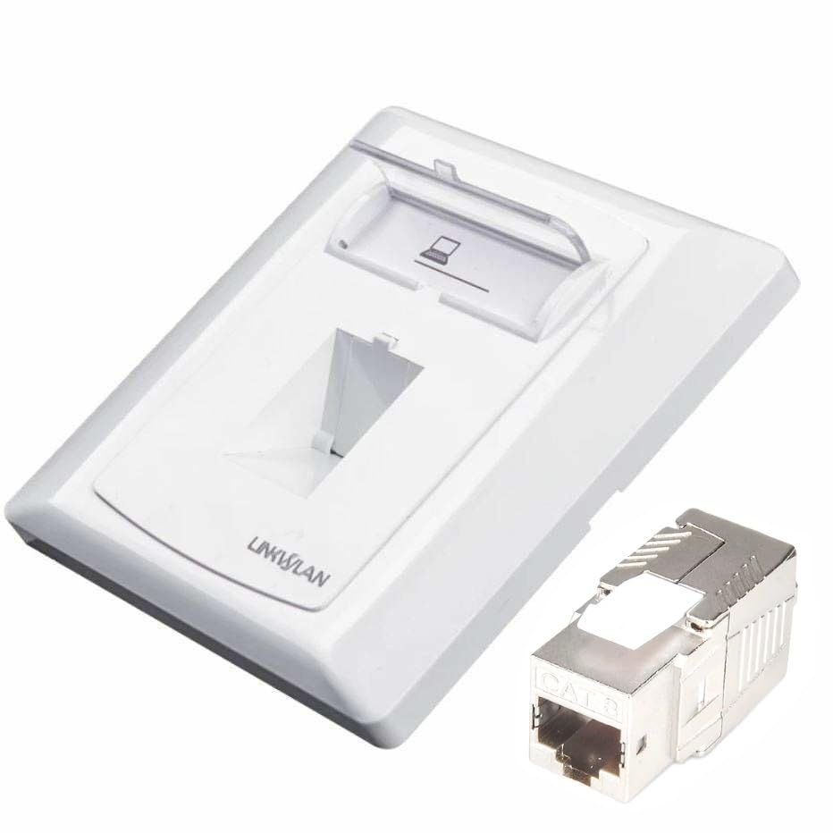 Premium RJ45 Ethernet Wall Socket | Single/Dual RJ45 Faceplate Set with Premium CAT8/CAT7/CAT6A Shielded Keystone Jack 10/40 Gbps/POE/Fits UK Backbox (Single RJ45, CAT 8 (Shielded))