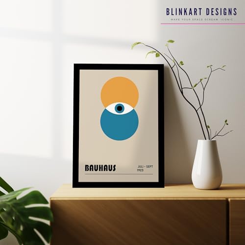 Image of BLINKART Vintage Bauhaus Retro Geometric Aesthetic Poster Gallery | Colorful Wrap Framed For Home Office Studio Living Room Modern Art Studio Decoration Abstract Shapes | (d92) | 13x10 Inch