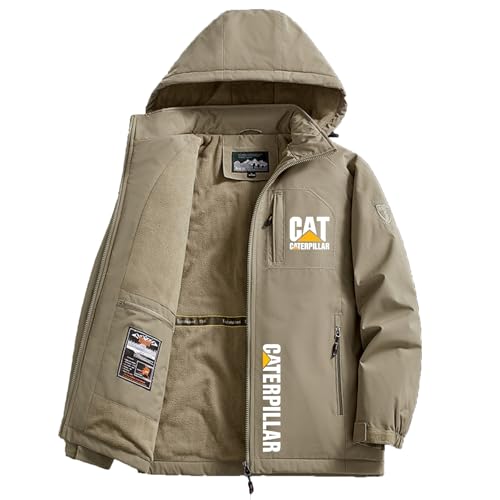 Chaquetas de Invierno Hombre Ca.ter-Pillar, Gruesos Cálido Fleece Cazadora Cierre de Cremallera, Hoodie Impresión Ocio con Estampado, de Recreación, deporte(Khaki,4XL)