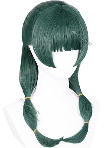 Image of Half and Half Maomao Cosplay Wig 19'' Dark Green Mao Mao Costume Anime Wigs with Straight Bangs Green Pigtail Twin Tails Wigs for Women Daily Party
