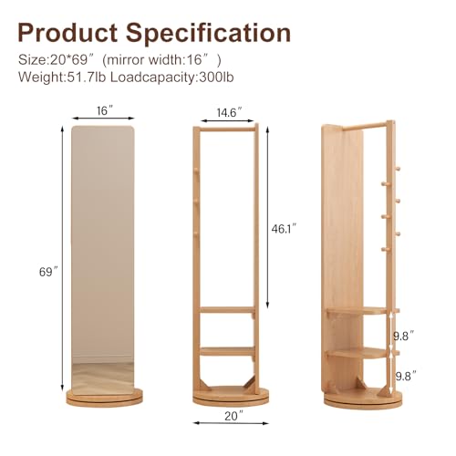 Image of WoodsWhisper Full Length Mirror Coat Rack Solid Wood Floor Mirror 70 inchx16 inch Full Length Mirror with Stand Long Mirrors for Bedroom,Living Room (Natural, 70 inch L x 16 inch W)