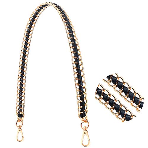 Lamdgbway Kettenriemen für Geldbörse Geflochtenes Leder Gold Metall Umhängetasche Brieftasche Ersatzkette Gold Schwarz 120 cm Cover