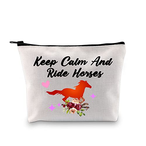 PXTIDY Pferde-Kosmetiktasche mit Reißverschluss, Aufschrift "Keep Calm and Ride Horses", Geschenk für Pferdeliebhaber, Cowgirl, Reiter-Geschenk, Pferde-Reisetasche, Pferdebesitzer-Geschenk, beige Cover