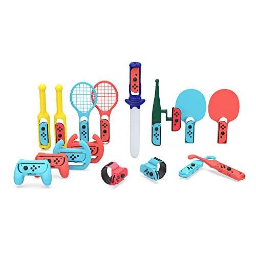 Accessoires de Sport 18 en 1 compatibles avec NS Switch, Ensembles de Jeu avec Canne à pêche, Raquette de Tennis de Table, Console de contrôleur de Golf, poignée somatosensorielle, Kits de Jeux