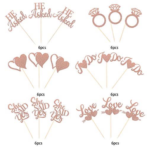 36 Pack He Asked She Said Yes Cupcake Toppers Glitter Ring Love Heart I Do Cupcake Food Picks For Wedding Engagement Bridal Shower Party Cake Decorations Supplies Rose Gold #TOP1
