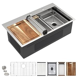 30″x19″ Drop In Kitchen Sink Dual-Tier Workstation – 16 Gauge 304 Stainless Steel Top Mount OverMount Single Bowl Sink Basin with All-In-One Accessories