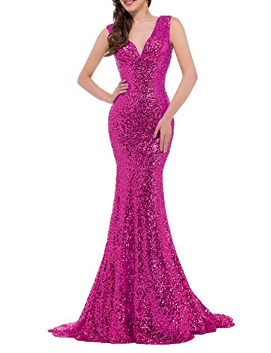 OYISHA Women's Long Mermaid Prom Dress Sequin Trumpet V-Neck Evening Party Ball Gowns Fuchsia 8