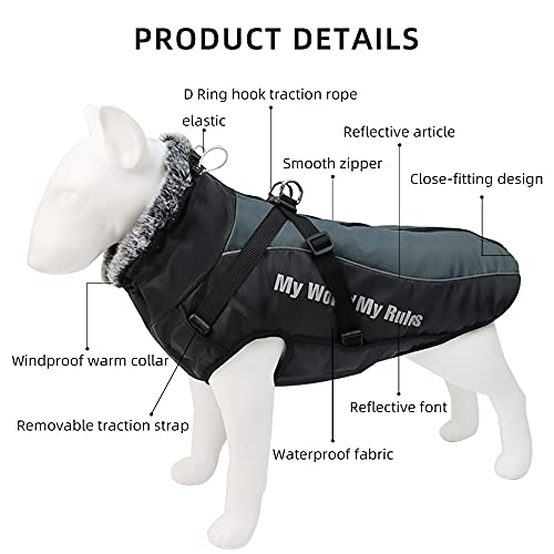 Hundemantel Wendbare, wasserdichte, mit abnehmbarem Geschirr-Design und gefaltetem Pelzkragen Kein Ziehen, kein Ersticken, kuschelige Kleidung bei kaltem Wetter für und große Hunde (6XL)