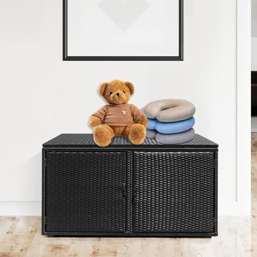 GiantexUK 330L Garden Storage Box, Weatherproof Rattan Deck Box with 2 Shelves, Pneumatic Rod & Handles, Outdoor Utility Chest Container for Patio Poolside Cushions Pillows Tools Toys (Black) 9 GiantexUK 330L Garden Storage Box, Weatherproof Rattan Deck Box with 2 Shelves, Pneumatic Rod & Handles, Outdoor Utility Chest Container for Patio Poolside Cushions Pillows Tools Toys (Black) - Image 9