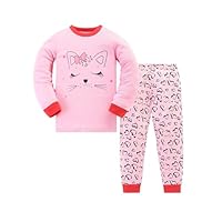 Codkkre Girls Pyjamas Cat Pjs Sleepwear Long Sleeve Cotton Christmas Pyjamas Outfit for Kids 2pcs, Pink/Cat, 5-6 years