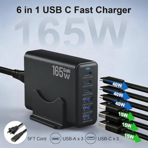 Image of 165W Charging Station, 6 Port Desktop Charger, 3 Ports 40W Black
