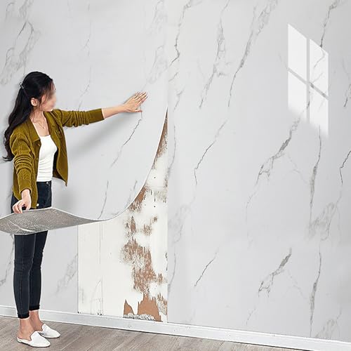 Cathpetic White Marble Self Adhesive Wallpaper Peel and Stick Wall Panels 40 * 300cm 1 Roll,Thick Waterproof Insulating Wallpaper PVC Stick on Wall for Kitchen,Living Room,Bedroom,Ceilings,Bathroom