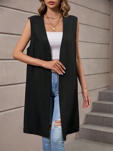 MakeMeChic Colete feminino sem mangas aberto na frente, sólido, trabalho, escritório, blazer, Preto,