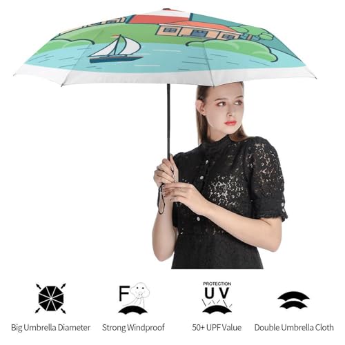 Parapluie compact de voyage pliant automatique avec motif graphique de citrons et rayures