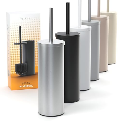 SAVEGA - Scopino WC in silicone in acciaio inox – Scopino WC con supporto discreto – Spazzola WC di alta qualità con paraspruzzi – Porta spazzola antibatterica – Spazzola WC (argento)