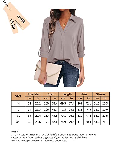 Vivilli Womens Blouses For Work Dress Shirts And Blouse V Neck Relaxed Fit Cotton 3/4 Cuffed Sleeve Collared Shirts For Office Wear Lightweight Dressy Tops For Women Work Casual Adobe Rose L #TOP5