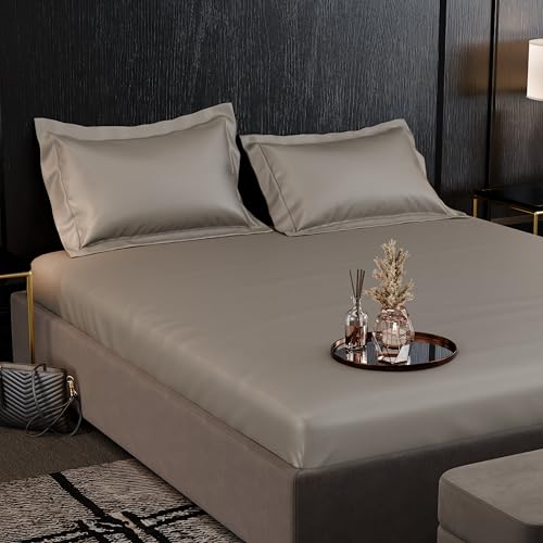 Image of Stoa Paris 350TC Luxstre Cotton King Fitted Bedding Set with 2 Pillow Covers, All-Around Elastic Fitted Bedsheet 183cm x 198cm + 30cm Drop, All Season Comfort, Breathable, Panache - Beige