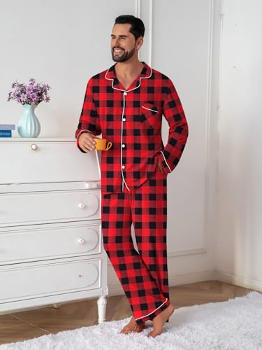Image of QZH.DUAO Mens Pajama Set 100% Cotton Long Sleeve Button Down PJs
