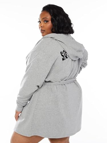Savage X Fenty, Women's, Showgirl Graphic Short Robe, Hood, Front Pockets, Belt Tie, Platinum Grey, M/L #TOP1