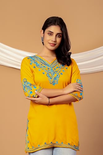 Image of Rayon Kashmiri Embroidered Short Kurti for Women | V-Neck Tunic Top with 3 /4 Sleeves | Floral Design Indo-Western Kurti for Jeans & Leggings