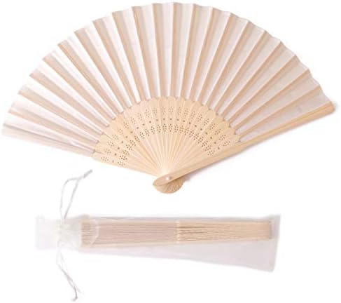 Sepwedd 50pcs Cream-Coloured Imitated Silk Fabric Bamboo Folded Hand Fan Bridal Dancing Props Church Wedding Gift Party Favors with Gift Bags