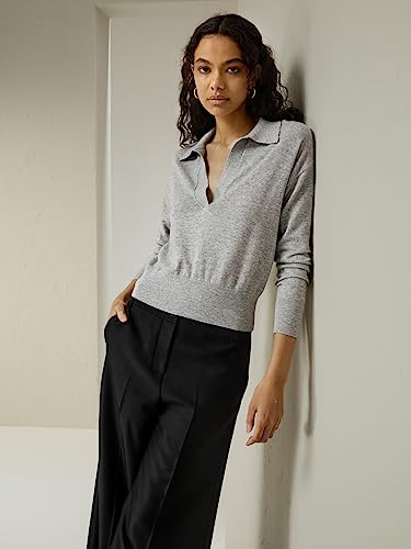 Image of LilySilk 100% Cashmere Sweater for Women Polo Shirt Style Pullover V Neck Lightweight Soft Long Sleeve Knit Tops